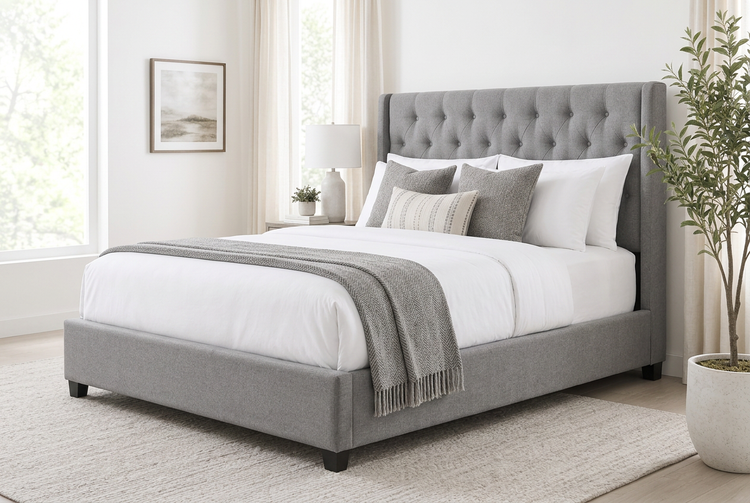Grey bed from a side angle