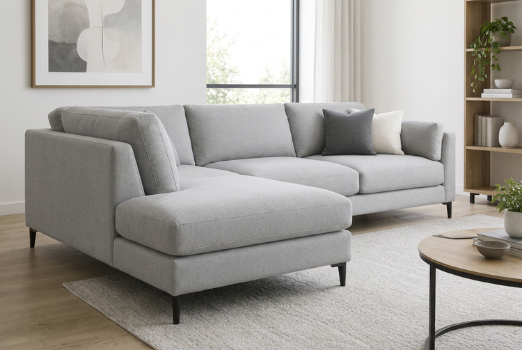 Grey sectional from a side angle showing the chaise