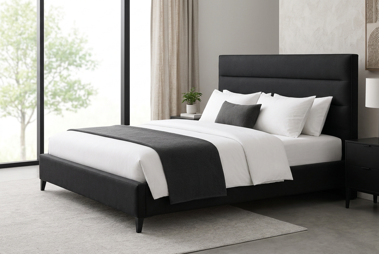 Black bed from a side angle