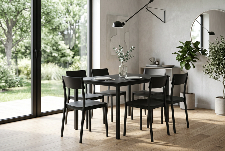 Black dining set in a dining room